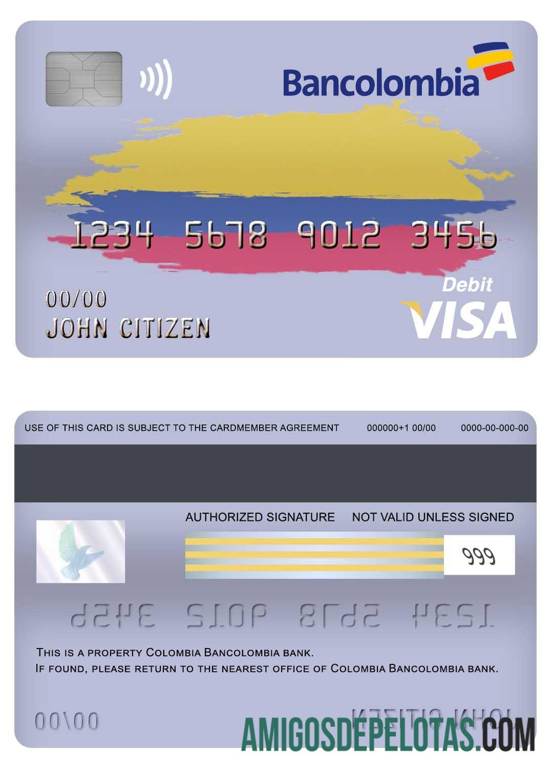 Cartão de débito Visa do Banco Colômbia Bancolombia amostra